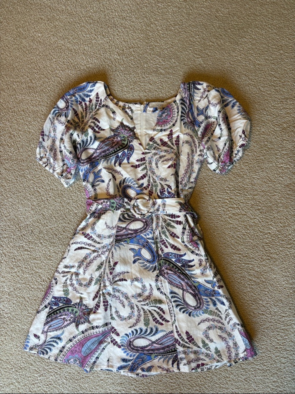 LOFT White Paisley-Print Puff Sleeve Mini Dress with Belt